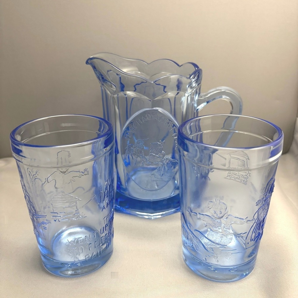 Tiara Blue Nursery Rhyme Pitcher & 2 Tumblers Jack & Jill Mary Had a Little Lamb